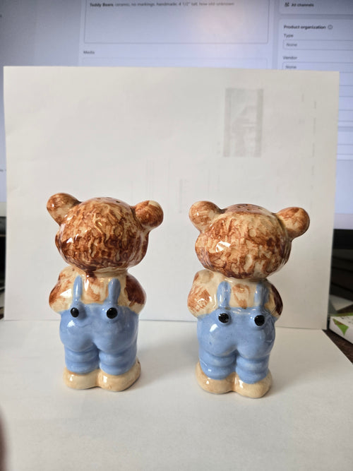 Handmade Ceramic Country Bear Salt & Pepper Shakers – Blue Overalls