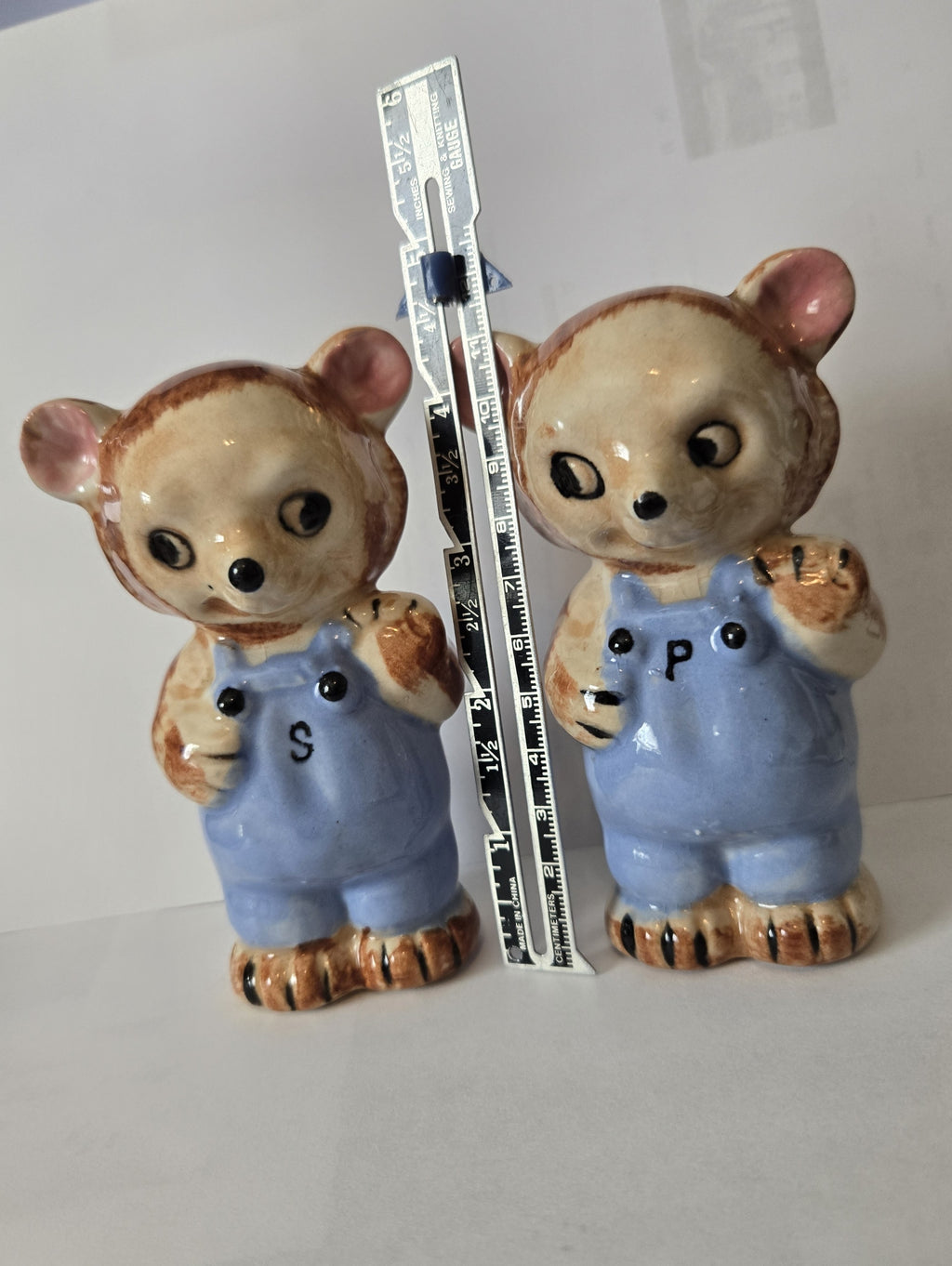 Handmade Ceramic Country Bear Salt & Pepper Shakers – Blue Overalls